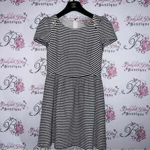 Juicy couture striped dress white navy gold buttons puff sleeve nautical J zip